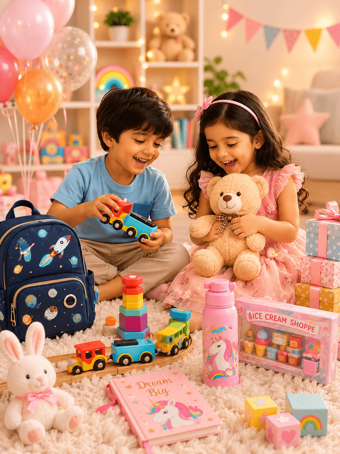 Kids joyfully unwrapping Girnar Gifts hampers and toys